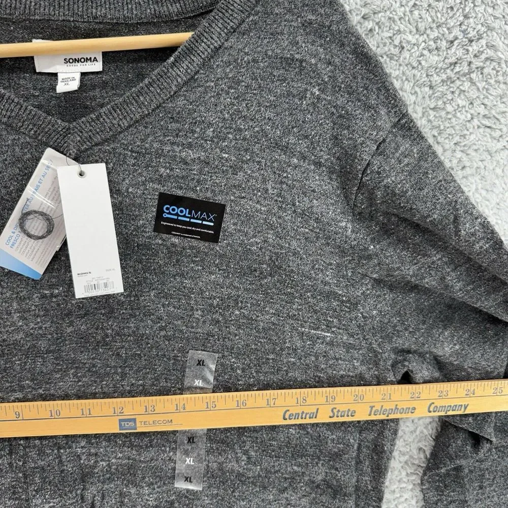 NWT‎ Sonoma Mens XL Pullover V-Neck Coolmax Gray Heathered Long Sleeve Sweater